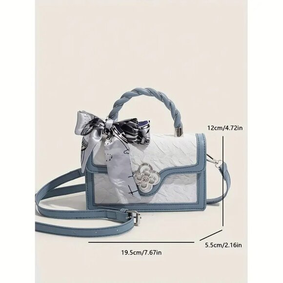 Chic Baby Blue/White Textures Floral Mini Crossbody Top Handle Bag w/Twilly - Picture 7 of 7